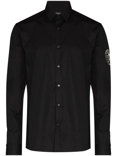 Balmain Logo-patch Poplin Shirt In Schwarz