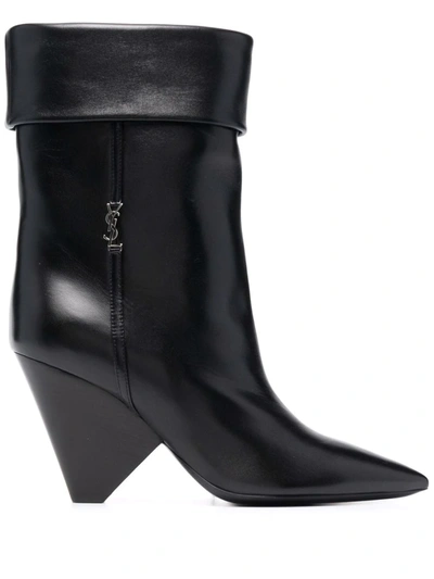 Saint Laurent Niki 85 Ysl-logo Leather Ankle Boots In Nero