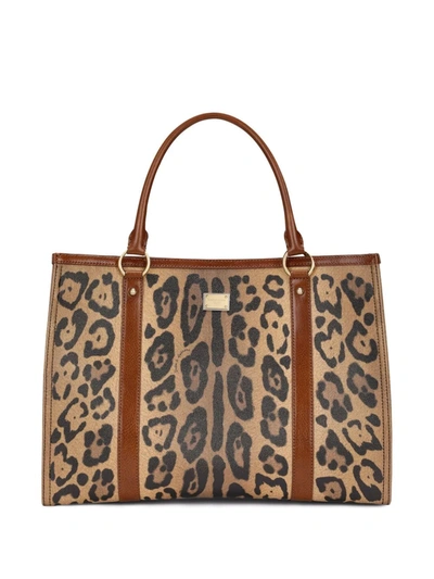 Dolce & Gabbana Leopard-print Leather Tote Bag In Brown