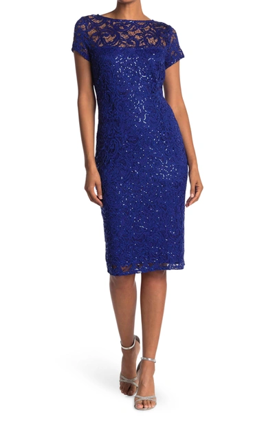 Marina Sequin Lace Cap Sleeve Sheath Dress In Cobalt ModeSens