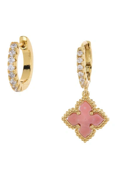 Adornia 14k Gold Plated Pave Swarovski Crystal Huggie Pink Mother-of-pearl Quatrefoil Drop Earrings Set