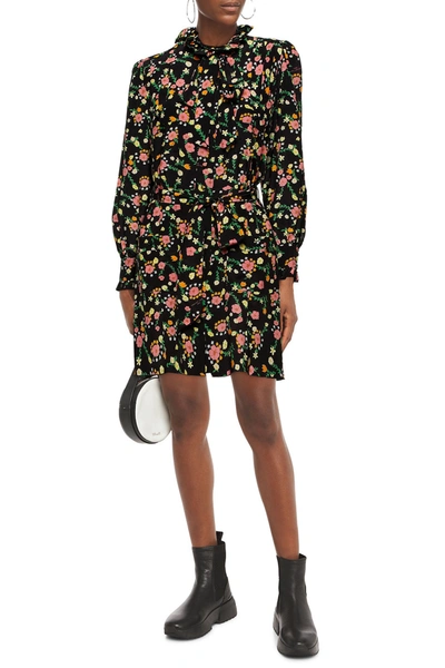 Marc Jacobs Pussy-bow Floral-print Silk Crepe De Chine Mini Dress In Black