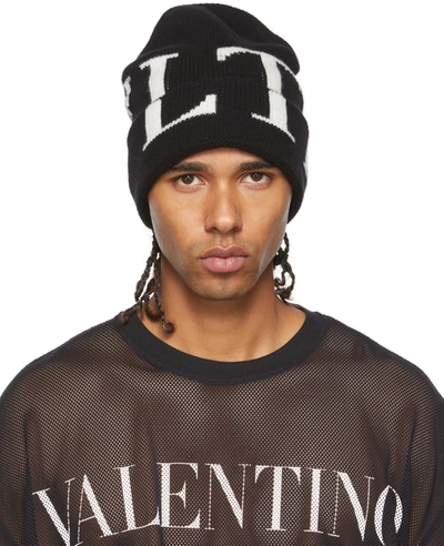 Valentino Garavani Cashmere And Wool Hat With Inlay Logo In Nero/avorio