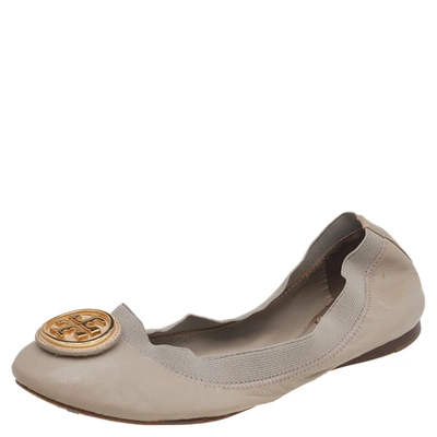 Pre-owned Tory Burch Grey Leather Carolina Scrunch Ballet Flats Size 37