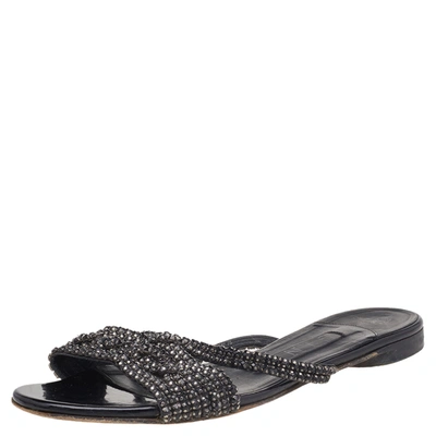 Pre-owned Gina Black Crystal Embellished Leather Flat Slides Size 37.5