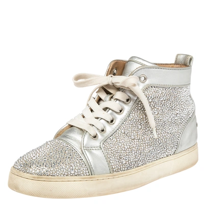 Pre-owned Christian Louboutin Silver Leather And Crystal Embellished Louis Spikes High-top Trainers Size 38.5