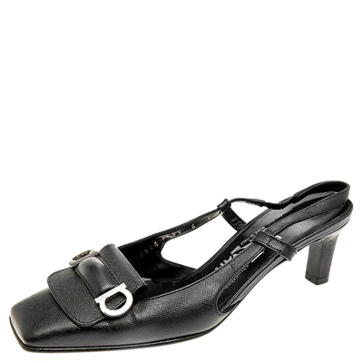 Pre-owned Ferragamo Black Saffiano Leather Buckle Detail Slingback Sandals Size 36.5