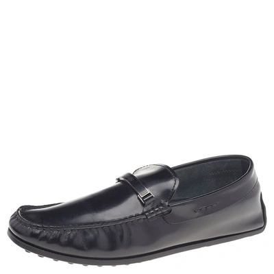 Pre-owned Tod's Black Leather Logo Trim Slip On Loafers Size 41