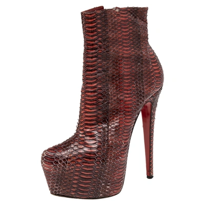 Pre-owned Christian Louboutin Burgundy Python Daffodile Ankle Boots Size 38.5