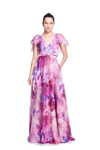 Marchesa Notte Cape-effect Bow-embellished Floral-print Chiffon Gown In Purple