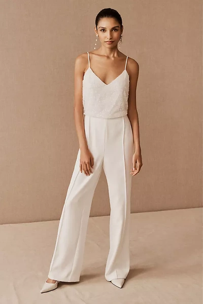 Amsale Caviar Beaded Crepe Jumpsuit In Ivory | ModeSens