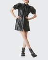 Alice And Olivia Jem Vegan-leather 70s-collar Puff-sleeve Dress In Black