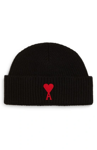 Ami Alexandre Mattiussi Heart Logo Rib Virgin Wool Beanie In Black