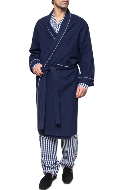 Petite Plume Flannel Contrast-piping Robe In Navy