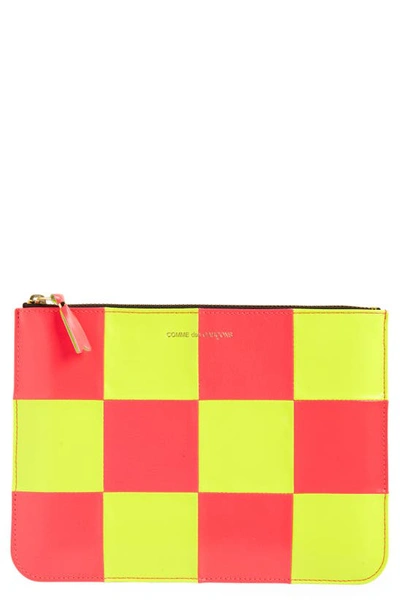 Comme Des Garçons Large Fluo Squares Leather Zip Pouch In Yellow/pink