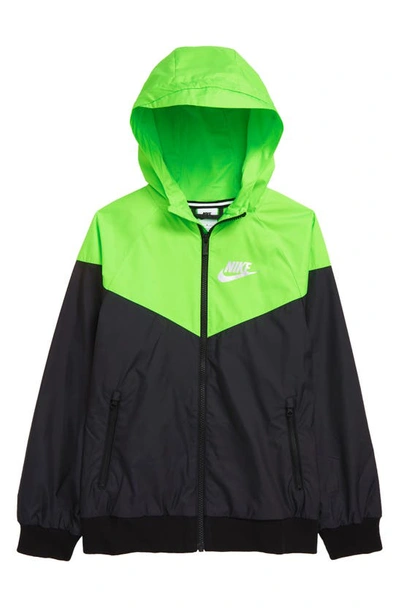 Nike Kids' Windrunner Water Resistant Hooded Jacket In Black/ Green/ Metallic Silver