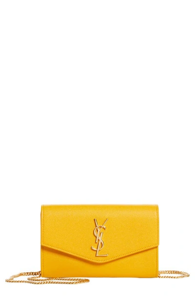 Saint Laurent Uptown Pebbled Calfskin Leather Wallet On A Chain In Yellow Fever