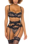 Oh La La Cheri Underwire Demi Bra, Thong & Garter Belt Set In Black