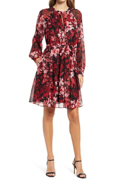 Donna Ricco Floral Pleated Long Sleeve Dress In Black/ Red