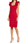 Donna Ricco Ruffle Shoulder Sheath Dress In Crimson