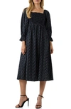 English Factory Floral Smocked Long Sleeve Midi Dress In Black