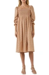 English Factory Floral Smocked Long Sleeve Midi Dress In Tan Multi