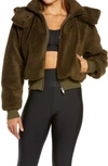 Alo Yoga High Pile Fleece Varsity Jacket In Dark Olive