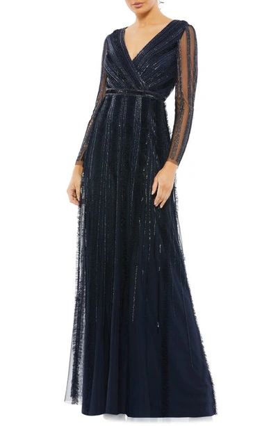 Mac Duggal Illusion A-line Long Sleeve Gown In Midnight