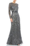 Mac Duggal Beaded Long Sleeve Evening Gown In Charcoal
