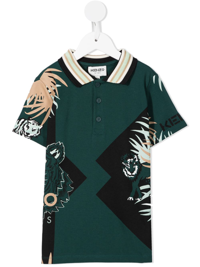 Kenzo Kids' Leaf-print Short-sleeved Polo Shirt In Green