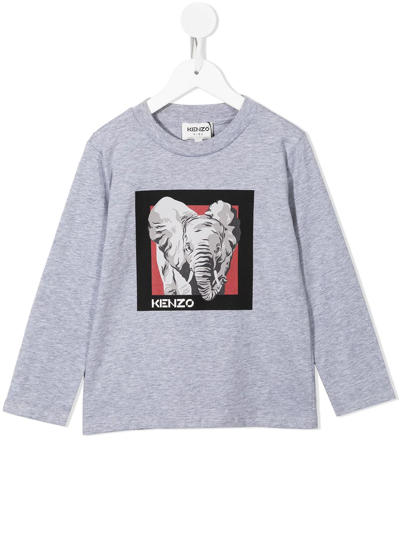 Kenzo Kids' Grey Branded Elephant Print Long Sleeve Tee