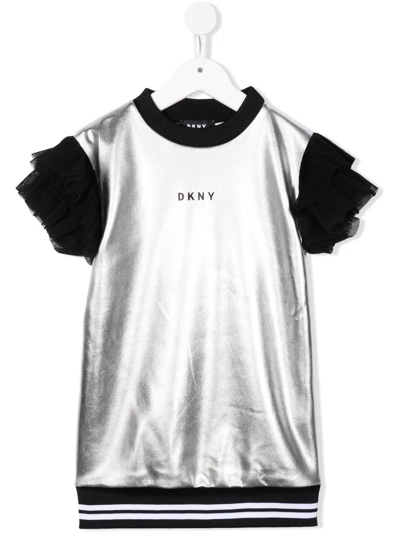 Dkny Kids' Metallic-effect Tulle-sleeves Dress In Grey