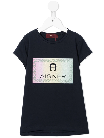 Aigner Kids' Logo Cotton T-shirt In Blue