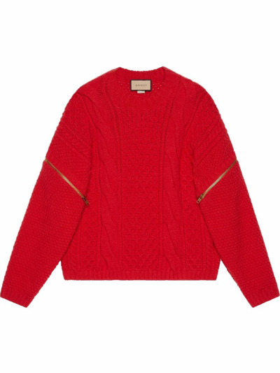 Gucci Cable Knit Jumper With Detachable Sleeves In Red