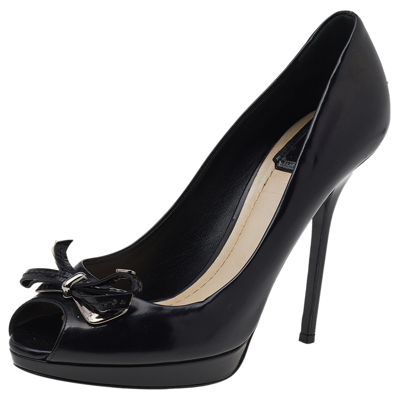 Pre-owned Dior Black Leather Bow Peep Toe Pumps Size 39.5