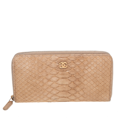 Pre-owned Chanel Beige Python Zip Around Wallet