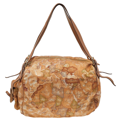 Pre-owned Alviero Martini 1a Classe Geo Print Beige-brown Nylon And Leather Satchel