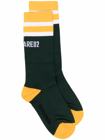 Dsquared2 Colour-block Ribbed Socks In Green
