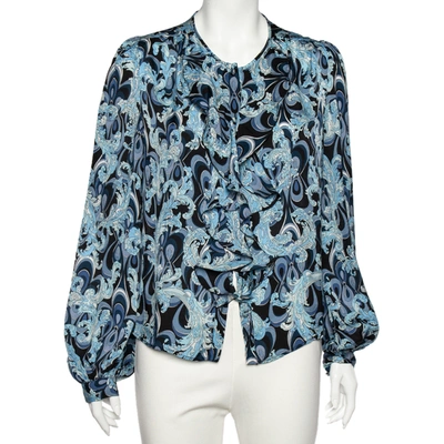 Pre-owned Emilio Pucci Blue Printed Silk Ruffle Detail Button Front Top L