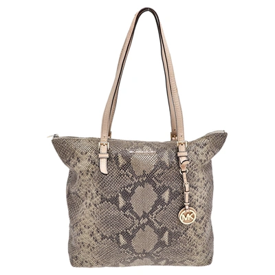 Pre-owned Michael Michael Kors Khaki/black Python Effect Leather Tote In Green