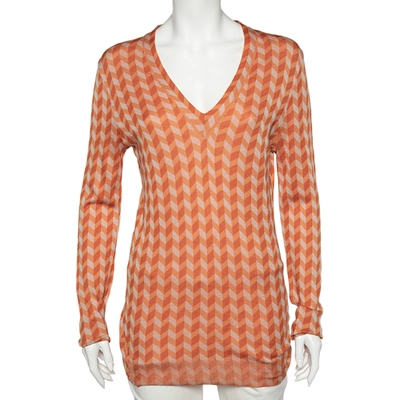 Pre-owned Bottega Veneta Orange Chevron Knit V-neck Long Sleeve Jumper M
