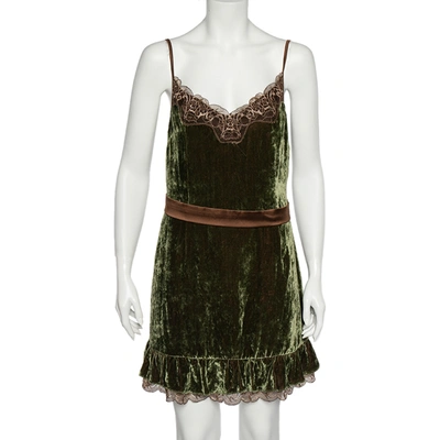 Pre-owned Dolce & Gabbana Dark Green Velvet Contrast Lace Trim Slip Dress L