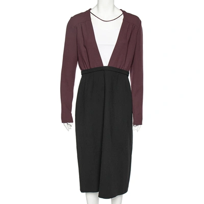 Pre-owned Miu Miu Black-burgundy Textured Wool Plunge Neck Midi Dress L