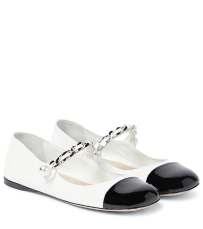 Miu Miu Embellished Leather Ballet Flats In Bianco+nero