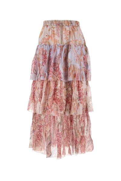 Zimmermann Floral-print Layered Silk Skirt In Pink