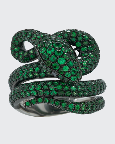 Stéfère 18k White Gold Green Ring From The Snake Collection