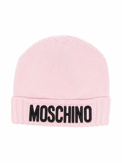 Moschino Kids' Logo-hem Wool Knit Beanie In Pink