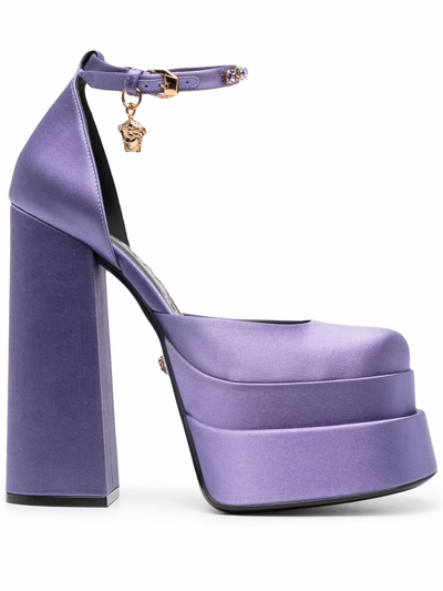 Versace Medusa Aevitas Embellished Satin Platform Sandals In Violet
