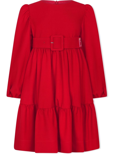 Fendi Kids' Belted Long-sleeved Maxi Dress In Red