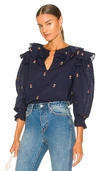SOMETHING NAVY EMBROIDERED RUFFLE TOP,SOMR-WS7